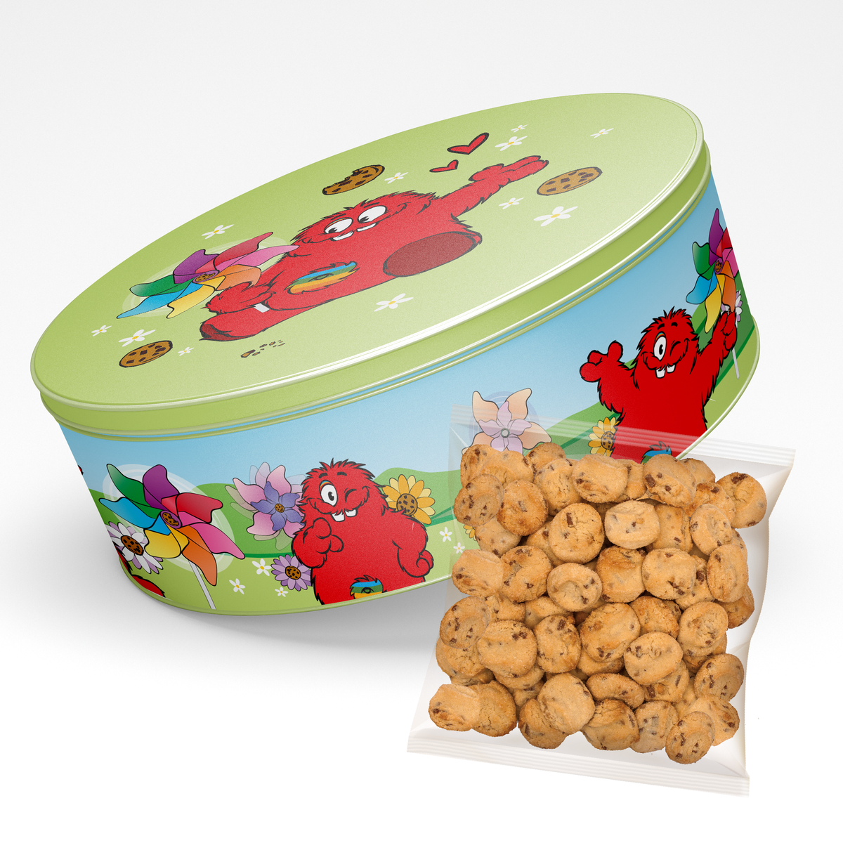 Windmill Round Tin with 275g Chocolate Chip Bite Size Cookies – Munchtime